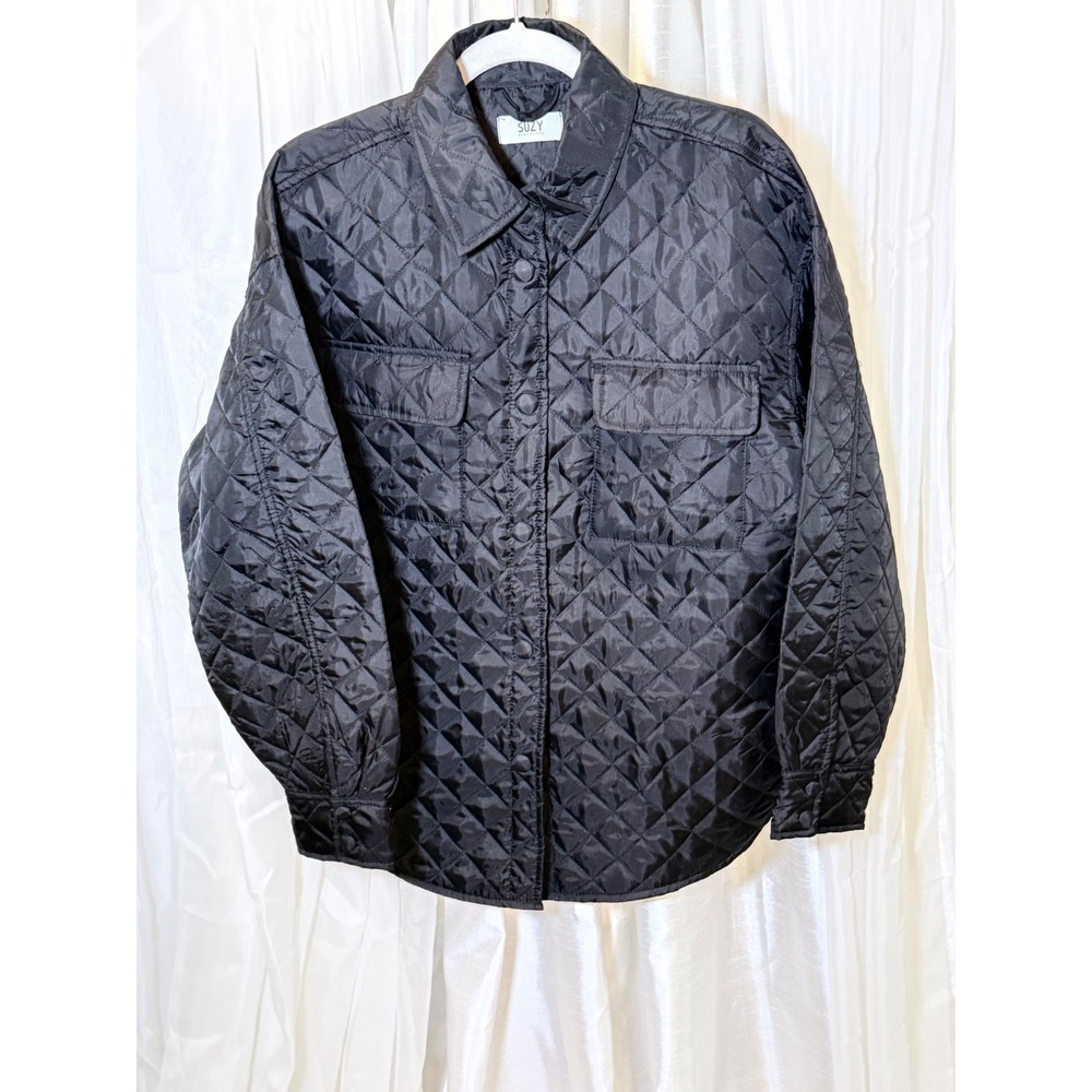 Suzy Shier Quilted Shirt Jacket Womens Medium Black Diamond Stitch Shacket
